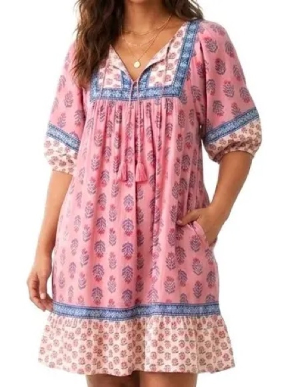 Old Navy Pink Floral Square-Neck Mini Dress with Blue Trim